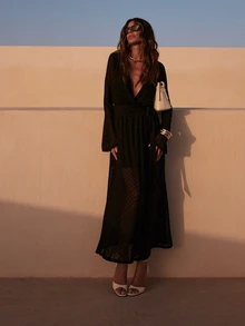 Dancing Leopard Black Spot Print Wrap Front Midi Dress, Flare Sleeve Tie Waist Boho Dress - Black - View 1