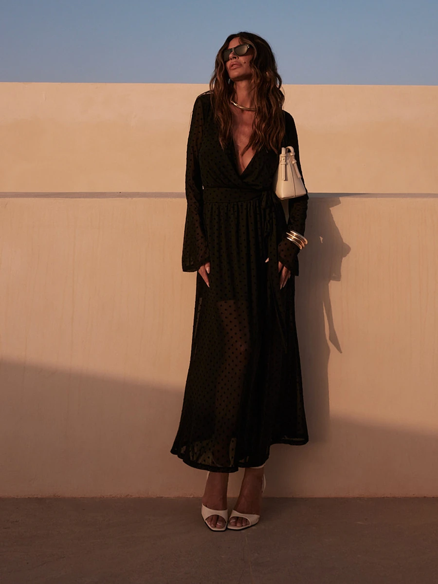 Dancing Leopard Black Spot Print Wrap Front Midi Dress, Flare Sleeve Tie Waist Boho Dress - Black - View 1