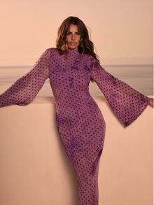 Dancing Leopard Purple Polka Dot Stand Collar Dress, Boho Resort Wear - Multicolor - View 5