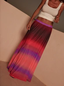 Dancing Leopard Pink Tie Dye Skirt, Purple Brown Gradient Boho Long Skirt - Multicolor - View 4