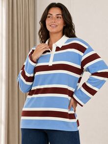 ELLERISSA Plus Size Multicolor Stripe Rugby Polo Shirt With Collar Long Sleeve Top - Multicolor - View 4