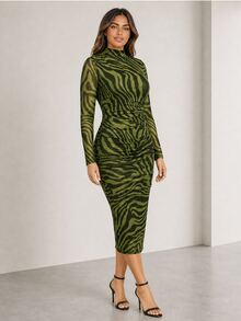 ELLERISSA Plus Size Army Green Zebra Print High Neck Long Sleeve Ruched Bodycon Midi Dress - Army Green - View 4