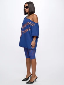 SUMWON WOMEN Oversized Off-Shoulder Graphic Sweatshirt Tee With Summer Forever Script Print And Drop Shoulder Sleeves - Blue - View 7