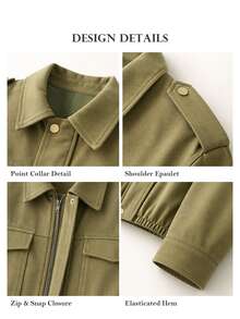 ELLERISSA Plus Size Army Green Collared Long Sleeve Flap Pocket Elastic Hem Bomber Jacket - Army Green - View 7