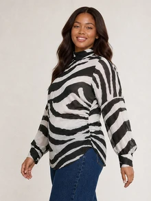 ELLERISSA Plus Size Black Zebra Print High Neck Long Sleeve Blouse With Tie Detail - Black - View 3
