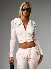 BABYPHAT SLIM FIT HOODED VELOUR ZIP UP SWEATSHIRT WITH SCRIPT EMBROIDERY - Pink - View 1