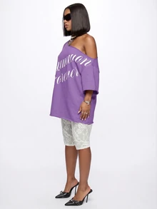 SUMWON WOMEN Oversized Off-Shoulder T-Shirt With Cursive Summer Forever Graphic Print, Drop Shoulder Short Sleeve Longline Top - Purple - View 7