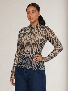 ELLERISSA Plus Size Multicolor Tiger Print Mesh Long Sleeve Mock Neck Top - Multicolor - View 6