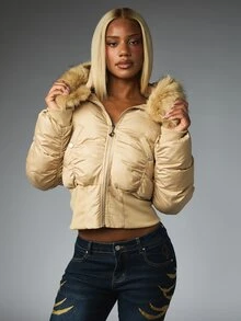 BABYPHAT Cropped Puffer Jacket With Faux Fur Hood Trim Ruched Sleeves And Embroidered Logo Perfect For Winter And Holiday Season - Khaki - View 5