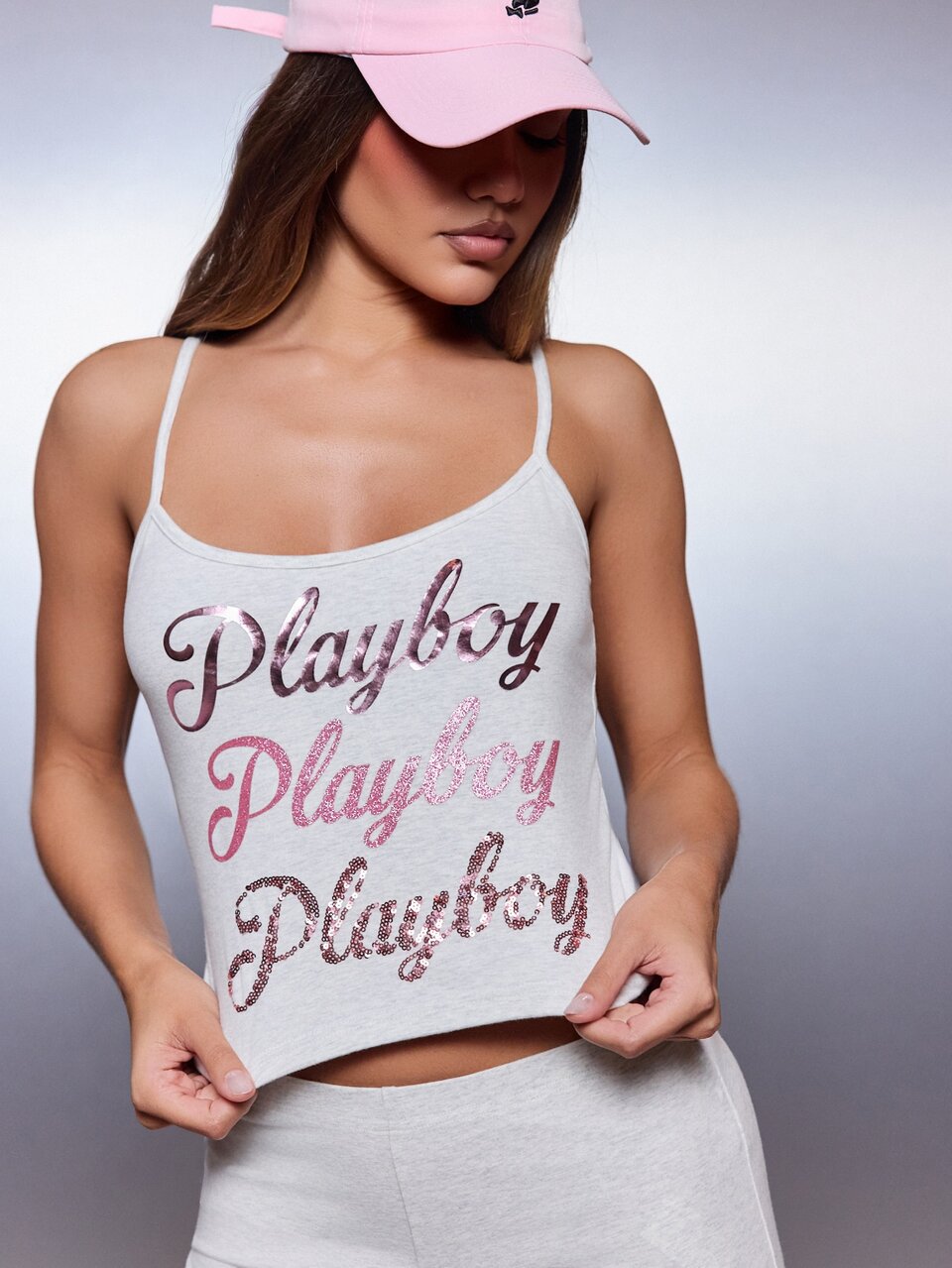 Missguided x Playboy Triple Logo Glitter Text Print Scoop Neck Spaghetti Strap Crop Cami Top Summer Festival
