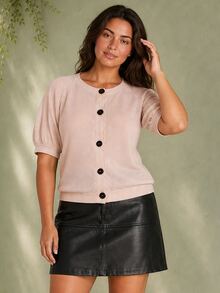 ELLERISSA Plus Size Pink Textured Round Neck Puff Sleeve Button Front Cardigan - Pink - View 6