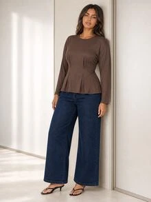 ELLERISSA Plus Size Coffee Brown Long Sleeve Batwing Sleeve Peplum Top - Coffee Brown - View 4