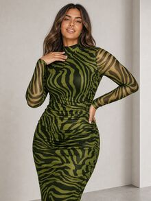 ELLERISSA Plus Size Army Green Zebra Print High Neck Long Sleeve Ruched Bodycon Midi Dress - Army Green - View 6