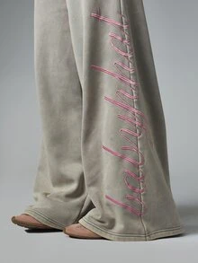 BABYPHAT Wide Leg Sweatpants With Cursive Script Embroidery On Leg Washed Finish Drawstring Waist Relaxed Fit Casual Lounge Pants - Grey - View 4