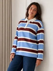 ELLERISSA Plus Size Multicolor Stripe Rugby Polo Shirt With Collar Long Sleeve Top - Multicolor - View 3