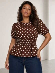 ELLERISSA Atasan Peplum Leher Bulat Motif Polkadot Cokelat Ukuran Besar dengan Lengan Mengembang dan Pinggang Berkerut - Coklat - View 1