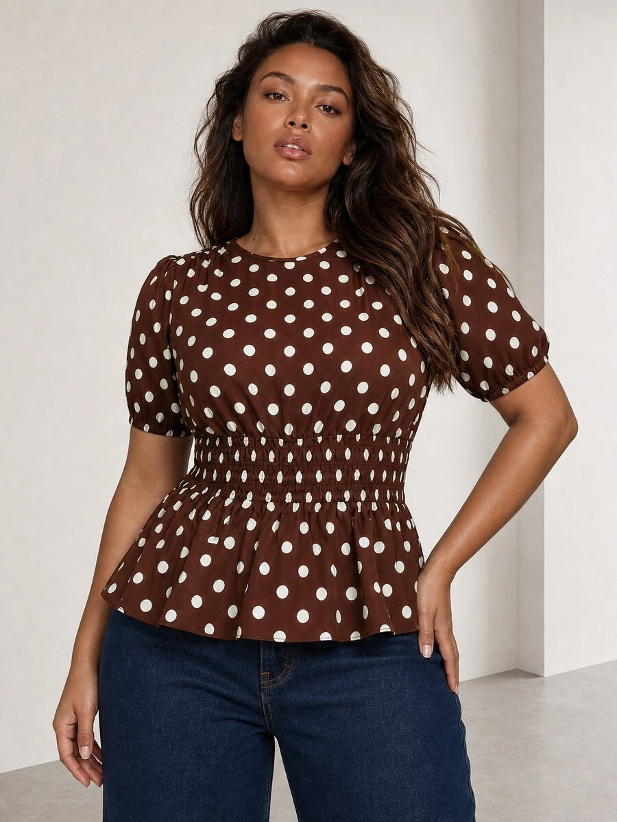 ELLERISSA Atasan Peplum Leher Bulat Motif Polkadot Cokelat Ukuran Besar dengan Lengan Mengembang dan Pinggang Berkerut - Coklat - View 1