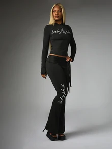 BABYPHAT Women's Casual Lace-Up Design Letter Print Flared Pants - Black - View 4