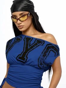 SUMWON WOMEN One Shoulder Crop Top With Varsity NY Letter Print Ruched Sides And Adjustable Drawstring Hem Summer Festival Night Out Top - Blue - View 4