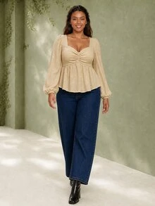 ELLERISSA Plus Size Apricot Sweetheart Neck Shirred Texture Peplum Top - Apricot - View 4