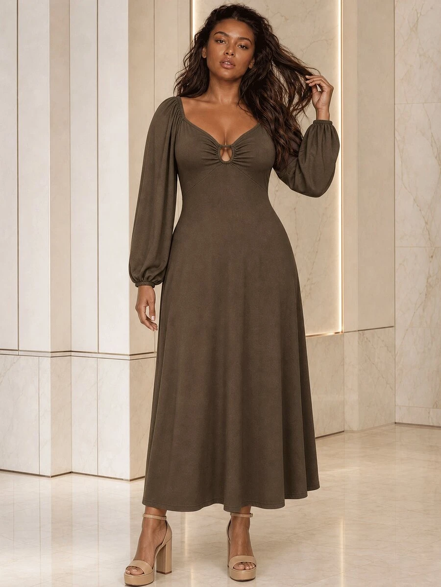 ELLERISSA Plus Size Brown V Neck Empire Waist Long Sleeve Maxi Dress - Brown - View 1