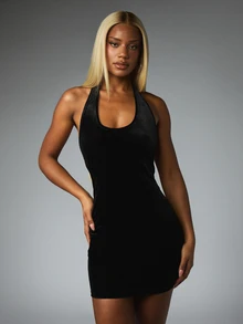 BABYPHAT Velvet Bodycon Mini Dress Halter Neck Open Back Rhinestone Logo Detail Party Night Out Holiday Season - Black - View 4
