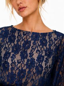 Zerodot Women Navy Blue Floral Lace With Puff Sleeves Crop Top Party Going Out Fall Pre Fall - Royal Blue - View 6