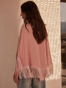 Dancing Leopard Pink Fringe Hem Poncho Top, Relaxed Fit Boho Layering Blouse - Dusty Pink - View 2