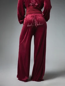 BABYPHAT Velvet Wide Leg Casual Pants With Embroidered Logo Detail And Elastic Waistband Fall Winter Cozy Loungewear - Burgundy - View 2