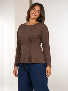ELLERISSA Plus Size Coffee Brown Long Sleeve Batwing Sleeve Peplum Top - Coffee Brown - View 3