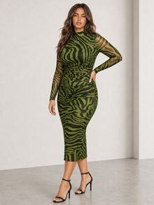 ELLERISSA Plus Size Army Green Zebra Print High Neck Long Sleeve Ruched Bodycon Midi Dress - Army Green - View 5