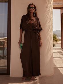 Dancing Leopard Dark Brown Kimono Sleeve Jumpsuit, Wide Leg Wrap Front Evening Outfit - Coffee Brown - View 6