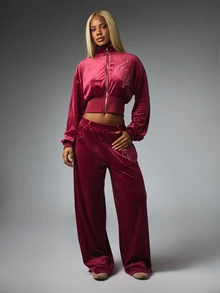BABYPHAT Velvet Wide Leg Casual Pants With Embroidered Logo Detail And Elastic Waistband Fall Winter Cozy Loungewear - Burgundy - View 5