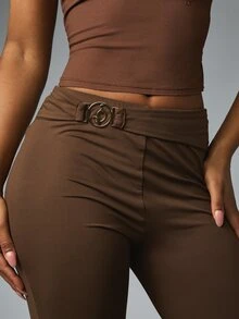 BABYPHAT Women's Minimalist Metal Buckle Flared Long Pants For Daily Wear - Brown - View 4