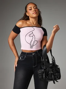 BABYPHAT Plus Size Women Contrast Color Asymmetric Shoulder Slim Fit Versatile Casual Everyday Top - Pink - View 2