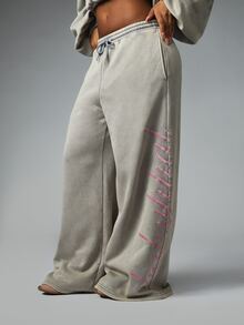 BABYPHAT Wide Leg Sweatpants With Cursive Script Embroidery On Leg Washed Finish Drawstring Waist Relaxed Fit Casual Lounge Pants - Grey - View 1