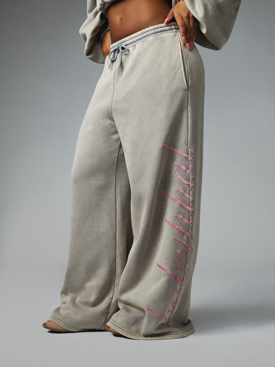 BABYPHAT Wide Leg Sweatpants With Cursive Script Embroidery On Leg Washed Finish Drawstring Waist Relaxed Fit Casual Lounge Pants - Grey - View 1