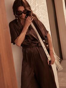 Dancing Leopard Dark Brown Kimono Sleeve Jumpsuit, Wide Leg Wrap Front Evening Outfit - Coffee Brown - View 3