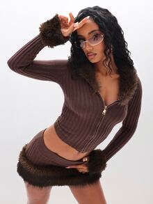 BABYPHAT Plus Size Women's Fuzzy Patchwork Casual Versatile Daily Wear Cardigan - Brown - View 5