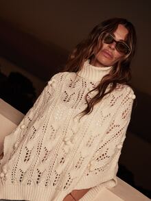 Dancing Leopard Cream Fringe Detail Knit Top, Oversized Cape Style Boho Layering Top - Cream - View 6
