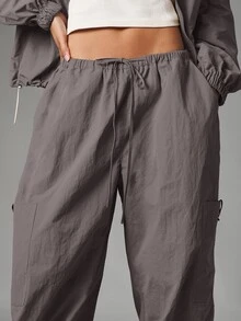MISSGUIDED Wide Leg Parachute Cargo Trousers With Elasticated Drawstring Waist And Side Patch Pockets Fall Winter Staple - Dark Grey - View 4