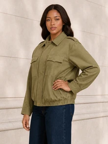 ELLERISSA Plus Size Army Green Collared Long Sleeve Flap Pocket Elastic Hem Bomber Jacket - Army Green - View 5