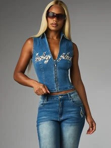 BABYPHAT STRETCH DENIM SLEEVELESS ZIP UP IN VINTAGE WASH TOP WITH APPLIQUE DETAIL - Blue - View 1