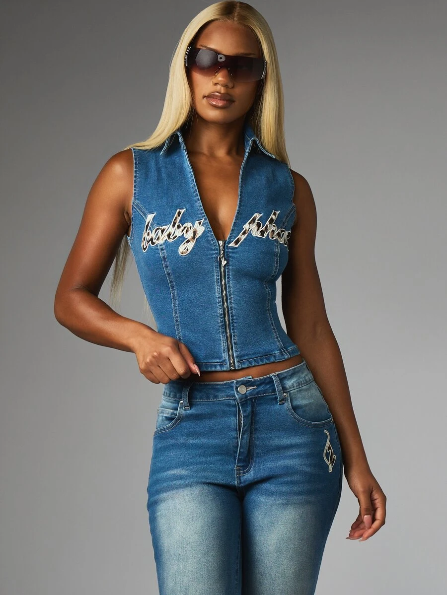 BABYPHAT STRETCH DENIM SLEEVELESS ZIP UP IN VINTAGE WASH TOP WITH APPLIQUE DETAIL - Blue - View 1