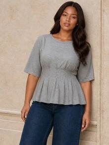 ELLERISSA Plus Size Grey Round Neck Short Sleeve Pleated Detail Peplum T Shirt Top - Grey - View 5