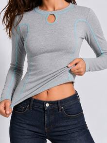 Zerodot Women Grey Long Sleeve T-Shirt With Turquoise Seam Casual Daily Fall Pre Fall - Grey - View 5