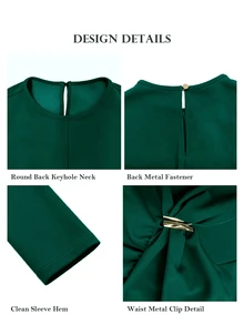 ELLERISSA Plus Size Green Round Neck Long Sleeve Twist Hardware Draped Jersey Midi Dress - Green - View 7