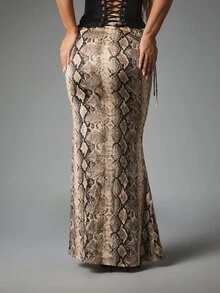 MISSGUIDED Snake Print Ruched Side Drawstring Skirt High Rise Bodycon Mermaid Hem Flared Floor Length Stretch Skirt Party Night Out - Multicolor - View 2