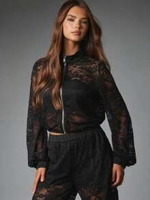 MISSGUIDED Floral Lace Cropped Bomber Jacket With Full Zip Closure Stand Collar And Sheer Long Balloon Sleeves For Evening And Party Season - Black - View 1