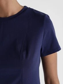 KSTM Fitted Crew Neck Short Sleeve T-Shirt With Seam Detail Paneling Slim Waist Defining Cut Spring Summer Essential Top - Navy Blue - View 6